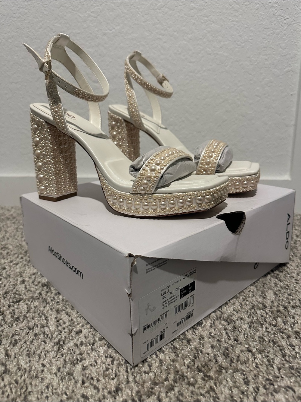 Aldo Ivory Pearl-Embellished Platform Block Heels